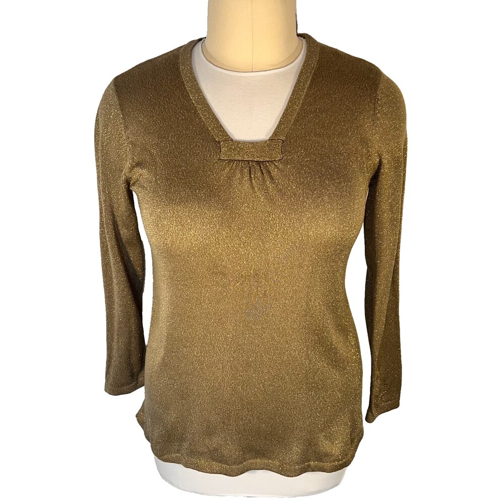 Avenue Sweater Womens Size 14/16 Gold Tan Gathered V-Neck Long Sleeve